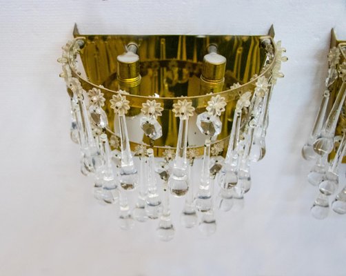 Vintage Teardrop Wall Sconces in Crystal Glass & Brass, 1960s, Set of 2-DEK-932403