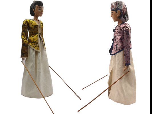 Vintage Thai Dolls in Wood with Silk Dresses, Set of 2-TCS-1144102