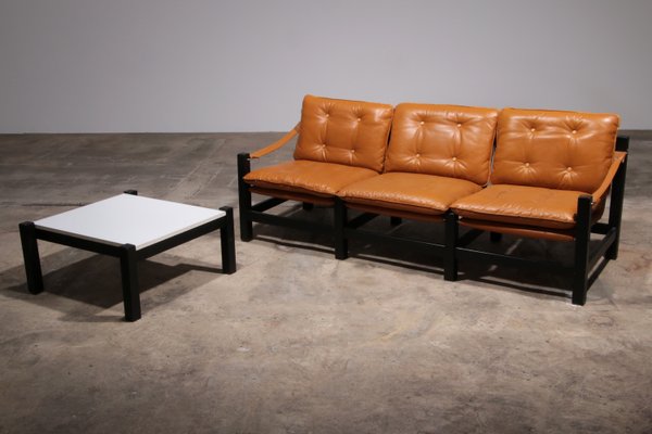 Vintage Three-Seater Sofa in Leather with Coffee Table, 1970, Set of 2-EZZ-2035444