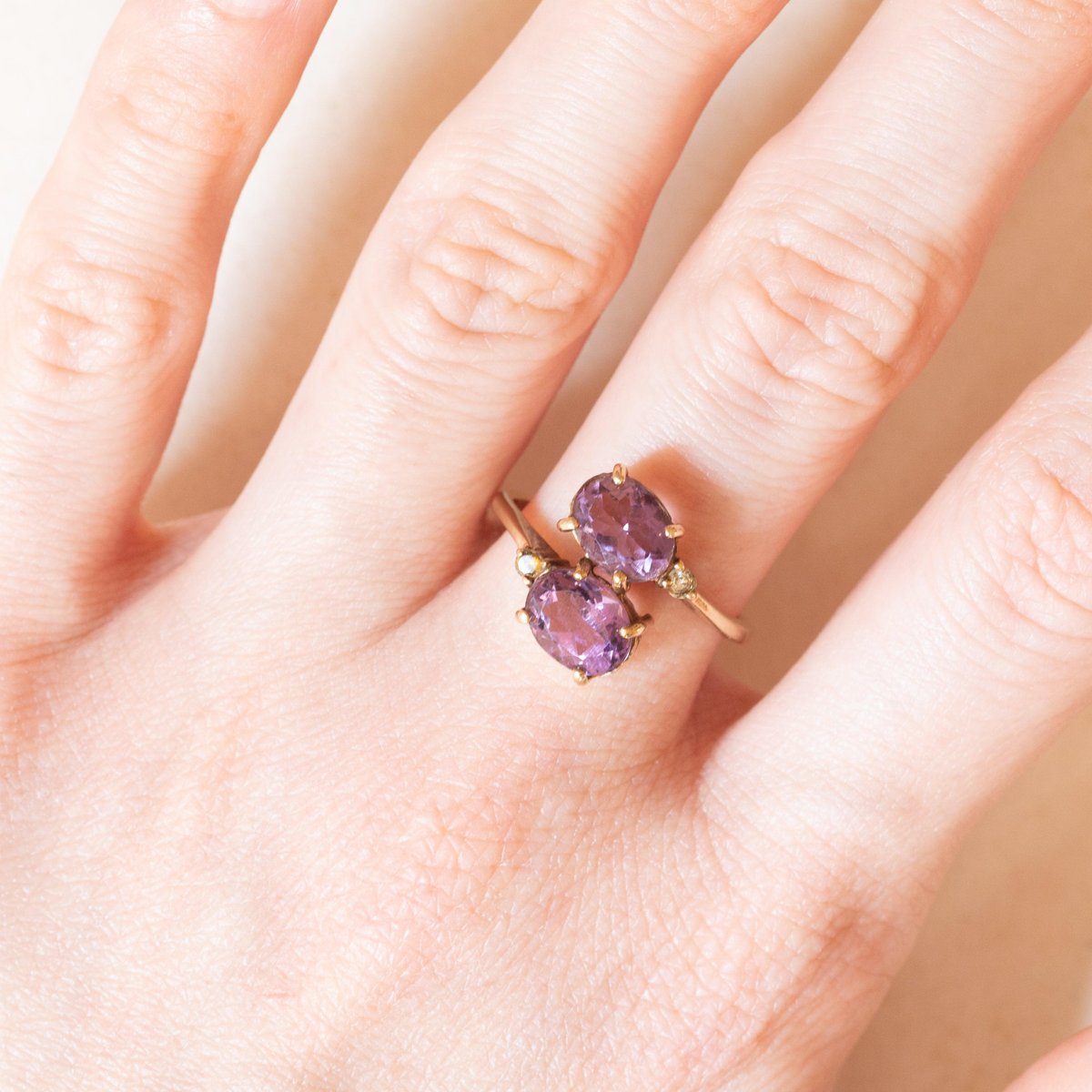 Vintage Toi Et Moi Ring in 9K Yellow Gold with Amethysts and White Spinels, 2000s