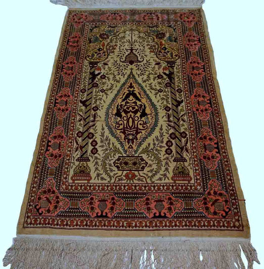 Vintage Turkish Handmade Hereke Silk Prayer Rug, 1970s