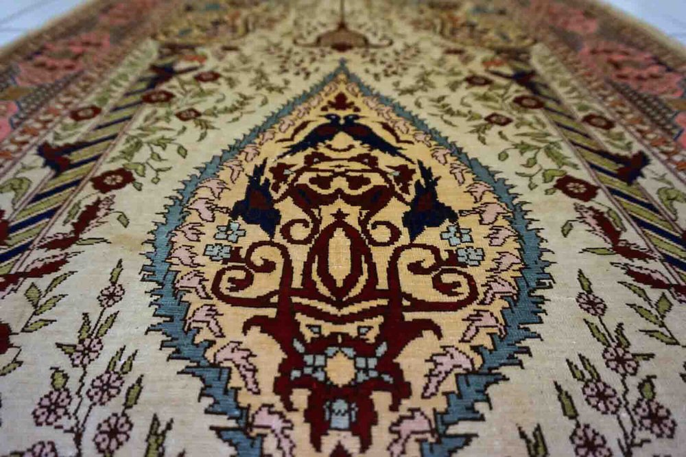 Vintage Turkish Handmade Hereke Silk Prayer Rug, 1970s