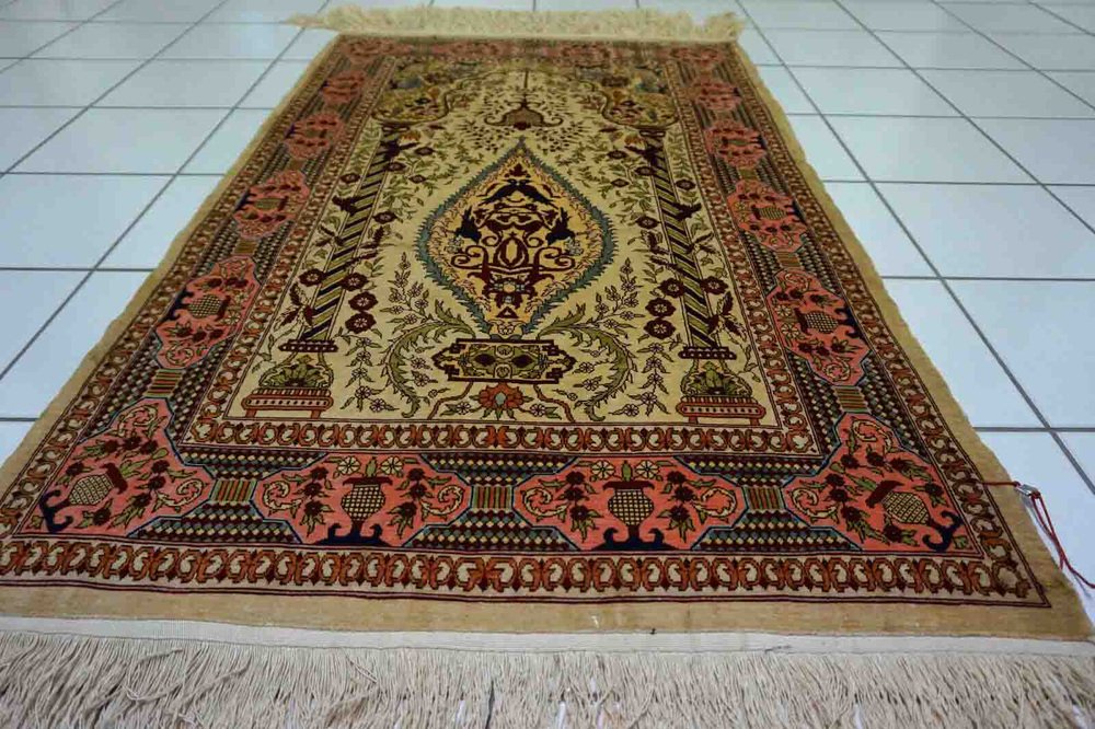 Vintage Turkish Handmade Hereke Silk Prayer Rug, 1970s