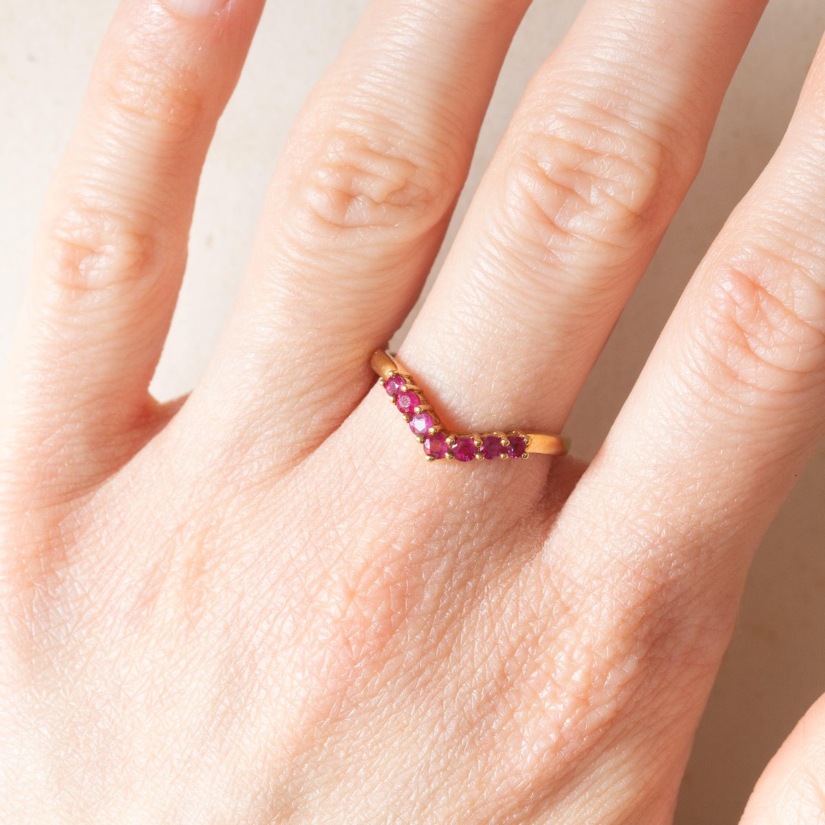 Vintage V Ring in 9K Yellow Gold with Synthetic Rubies, 2000s