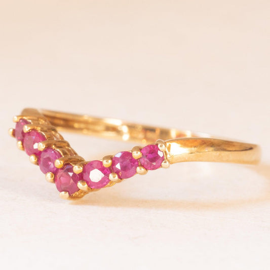 Vintage V Ring in 9K Yellow Gold with Synthetic Rubies, 2000s