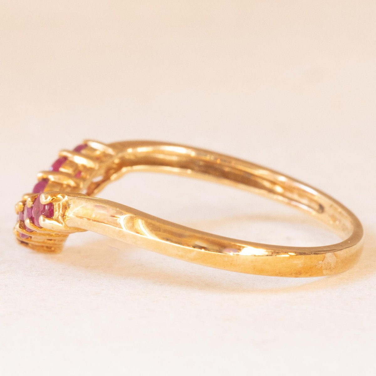 Vintage V Ring in 9K Yellow Gold with Synthetic Rubies, 2000s