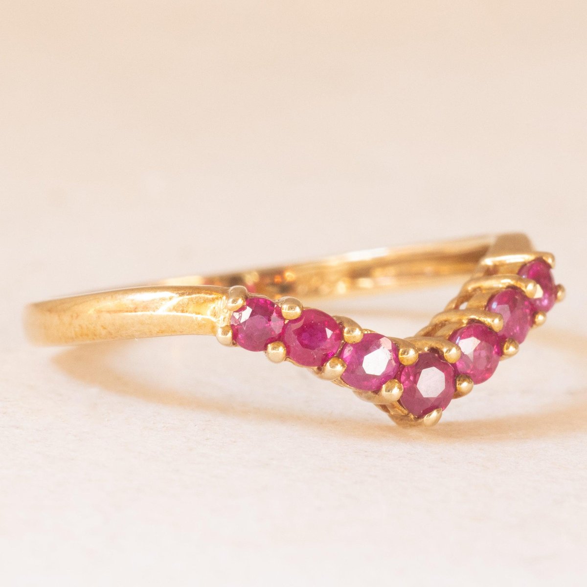 Vintage V Ring in 9K Yellow Gold with Synthetic Rubies, 2000s