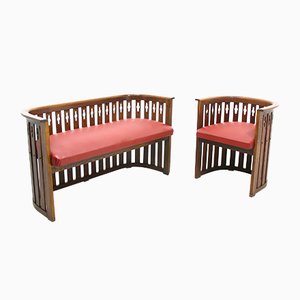 Vintage Viennese Oak Sofa and Armchair, Set of 2-WVA-743694