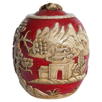 Vintage Vietnamese Red Hand Carved Soapstone Lidded Jar-RUK-1758027