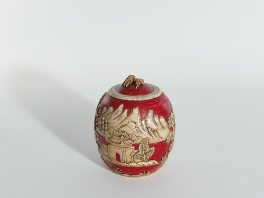 Vintage Vietnamese Red Hand Carved Soapstone Lidded Jar-RUK-1758027