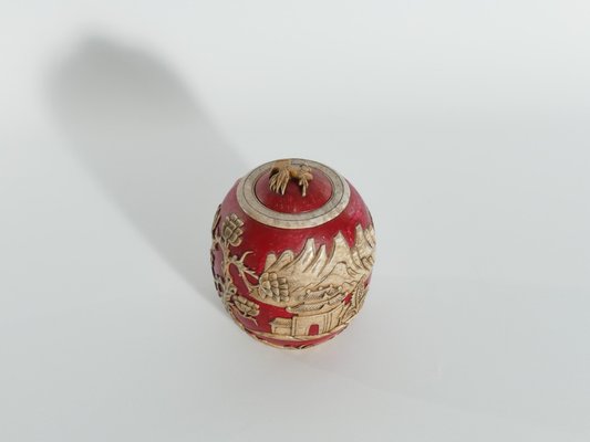 Vintage Vietnamese Red Hand Carved Soapstone Lidded Jar-RUK-1758027