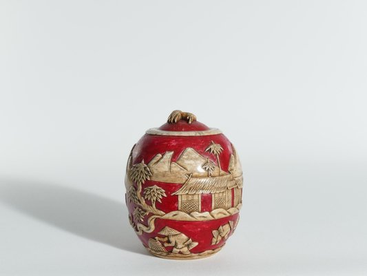 Vintage Vietnamese Red Hand Carved Soapstone Lidded Jar-RUK-1758027