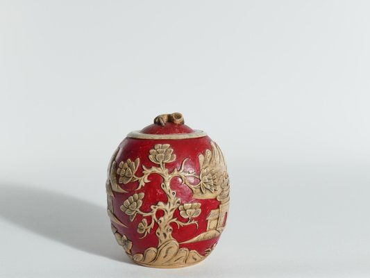 Vintage Vietnamese Red Hand Carved Soapstone Lidded Jar-RUK-1758027