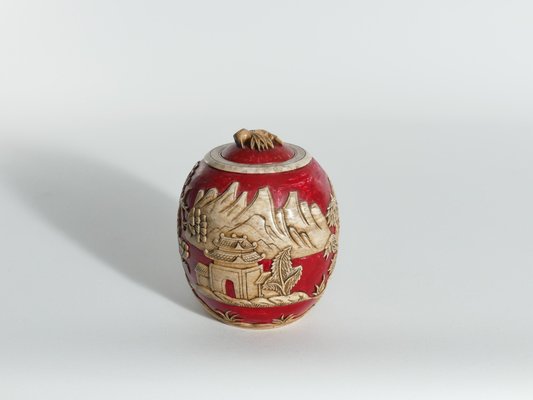 Vintage Vietnamese Red Hand Carved Soapstone Lidded Jar-RUK-1758027