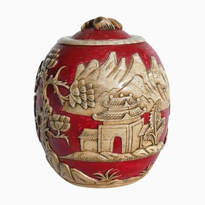 Vintage Vietnamese Red Hand Carved Soapstone Lidded Jar-RUK-1758027