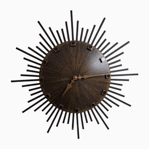 Vintage Wall Clock Sunburst with Brown Dial and Black Metal Rays from Luxus, 1970s-HOI-2043212