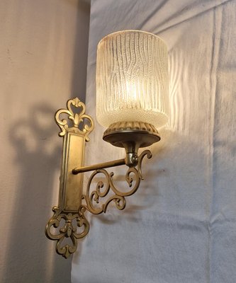 Vintage Wall Lamp with a Brass and Bronze Frame and a Fluted Glass Shade, 1970s-HOI-2018220