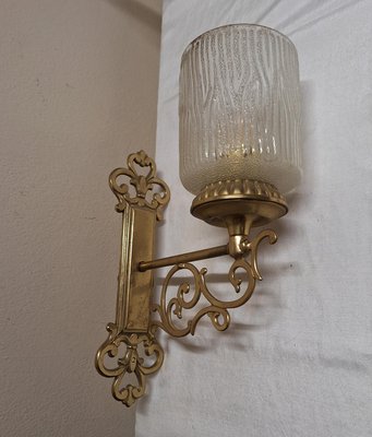 Vintage Wall Lamp with a Brass and Bronze Frame and a Fluted Glass Shade, 1970s-HOI-2018220