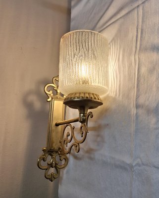 Vintage Wall Lamp with a Brass and Bronze Frame and a Fluted Glass Shade, 1970s-HOI-2018220