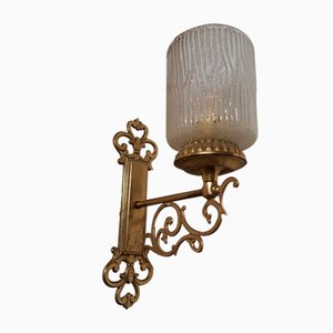 Vintage Wall Lamp with a Brass and Bronze Frame and a Fluted Glass Shade, 1970s-HOI-2018220