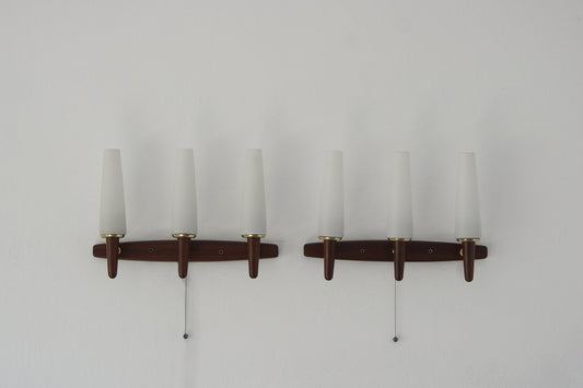 Vintage Wall Lamps with Rosewood Wall Part and Opaline Glass Shade, Set of 2