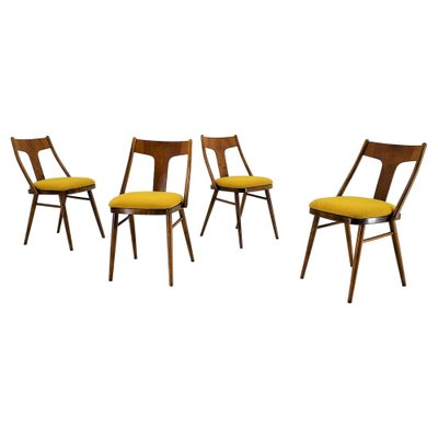 Vintage Walnut and Yellow Fabric Chairs attributed to Mier, Czech, 1960s, Set of 4-TZ-1752017