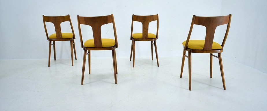 Vintage Walnut and Yellow Fabric Chairs attributed to Mier, Czech, 1960s, Set of 4-TZ-1752017