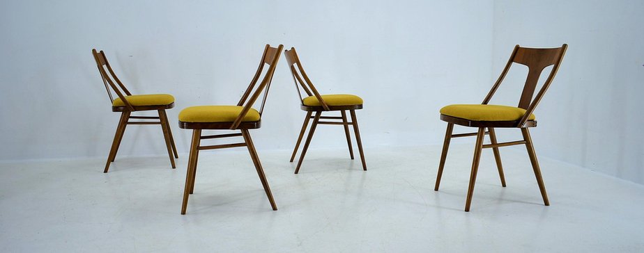 Vintage Walnut and Yellow Fabric Chairs attributed to Mier, Czech, 1960s, Set of 4-TZ-1752017