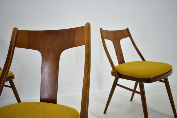 Vintage Walnut and Yellow Fabric Chairs attributed to Mier, Czech, 1960s, Set of 4-TZ-1752017