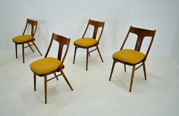 Vintage Walnut and Yellow Fabric Chairs attributed to Mier, Czech, 1960s, Set of 4-TZ-1752017