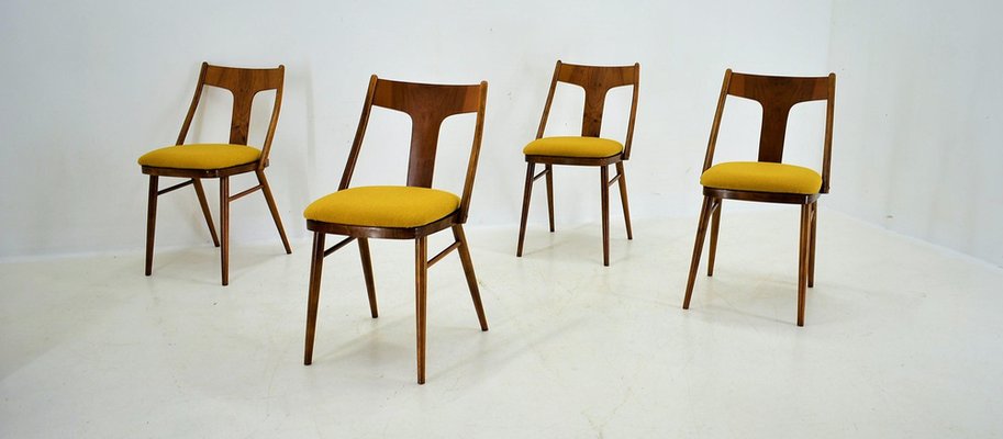 Vintage Walnut and Yellow Fabric Chairs attributed to Mier, Czech, 1960s, Set of 4-TZ-1752017