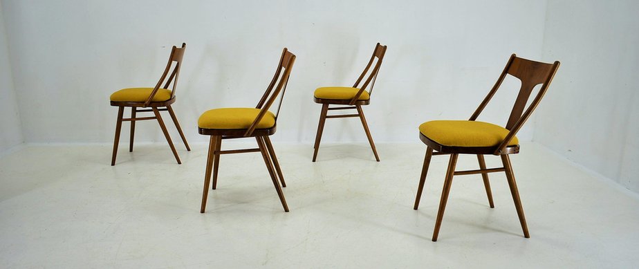 Vintage Walnut and Yellow Fabric Chairs attributed to Mier, Czech, 1960s, Set of 4-TZ-1752017