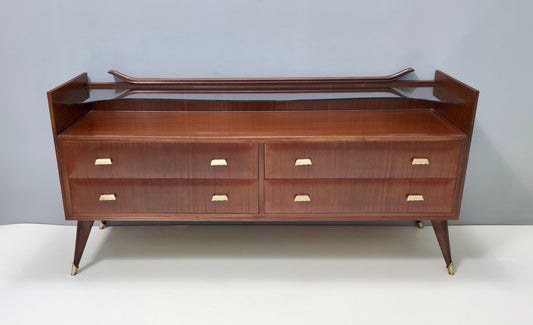 Vintage Walnut Chest of Drawers with Thick Glass Top, Italy, 1950s