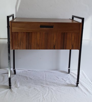 Vintage Walnut Veneer and Black Metal Sewing Table on Wheels, 1970s-HOI-657678