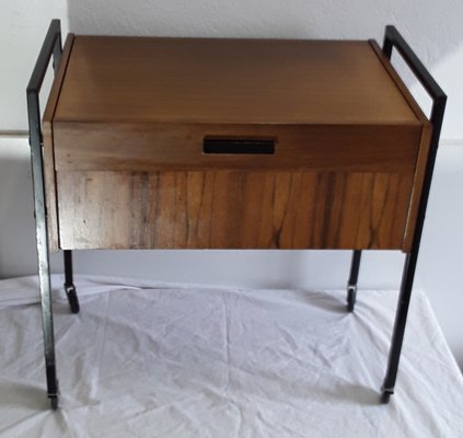 Vintage Walnut Veneer and Black Metal Sewing Table on Wheels, 1970s-HOI-657678