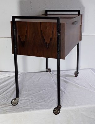 Vintage Walnut Veneer and Black Metal Sewing Table on Wheels, 1970s-HOI-657678