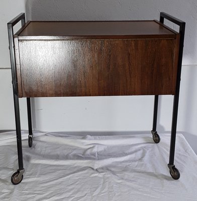 Vintage Walnut Veneer and Black Metal Sewing Table on Wheels, 1970s-HOI-657678