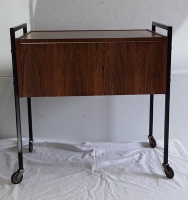 Vintage Walnut Veneer and Black Metal Sewing Table on Wheels, 1970s-HOI-657678