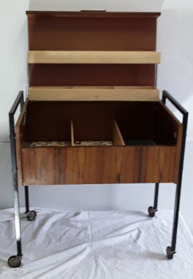 Vintage Walnut Veneer and Black Metal Sewing Table on Wheels, 1970s-HOI-657678