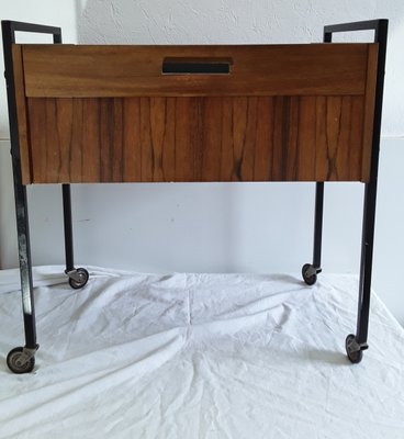 Vintage Walnut Veneer and Black Metal Sewing Table on Wheels, 1970s-HOI-657678