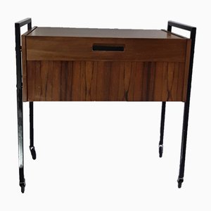 Vintage Walnut Veneer and Black Metal Sewing Table on Wheels, 1970s-HOI-657678