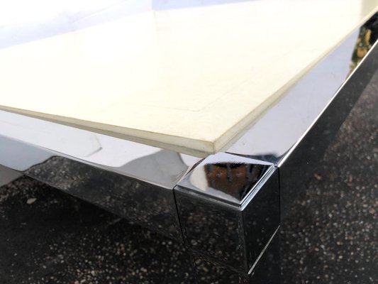 Vintage White and Stainless Parchment Square Coffee Table, 1970s-WIM-811609