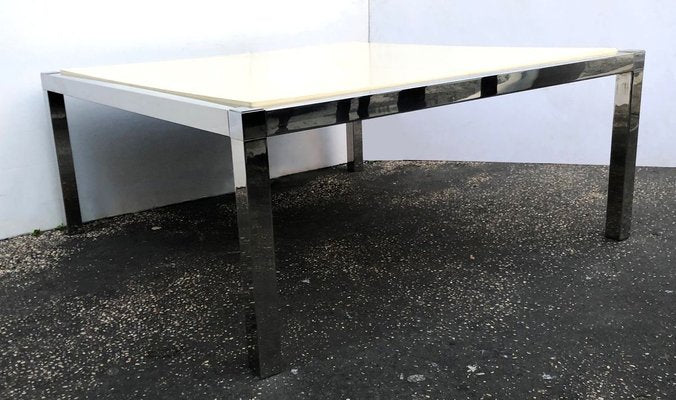 Vintage White and Stainless Parchment Square Coffee Table, 1970s-WIM-811609