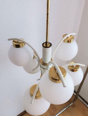 Vintage White & Gold Brass and Glass 6 Sphere Chandelier in Sputnik Style, 1970s-NKJ-1295549