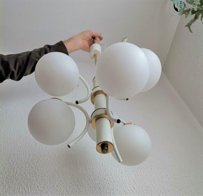 Vintage White & Gold Brass and Glass 6 Sphere Chandelier in Sputnik Style, 1970s-NKJ-1295549