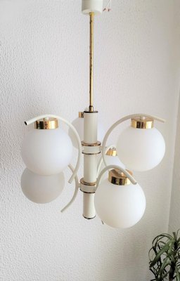 Vintage White & Gold Brass and Glass 6 Sphere Chandelier in Sputnik Style, 1970s-NKJ-1295549