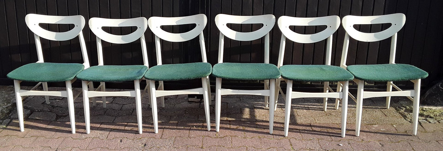 Vintage White Lacquered Wood & Green Wool Dining Chairs, 1970s, Set of 6