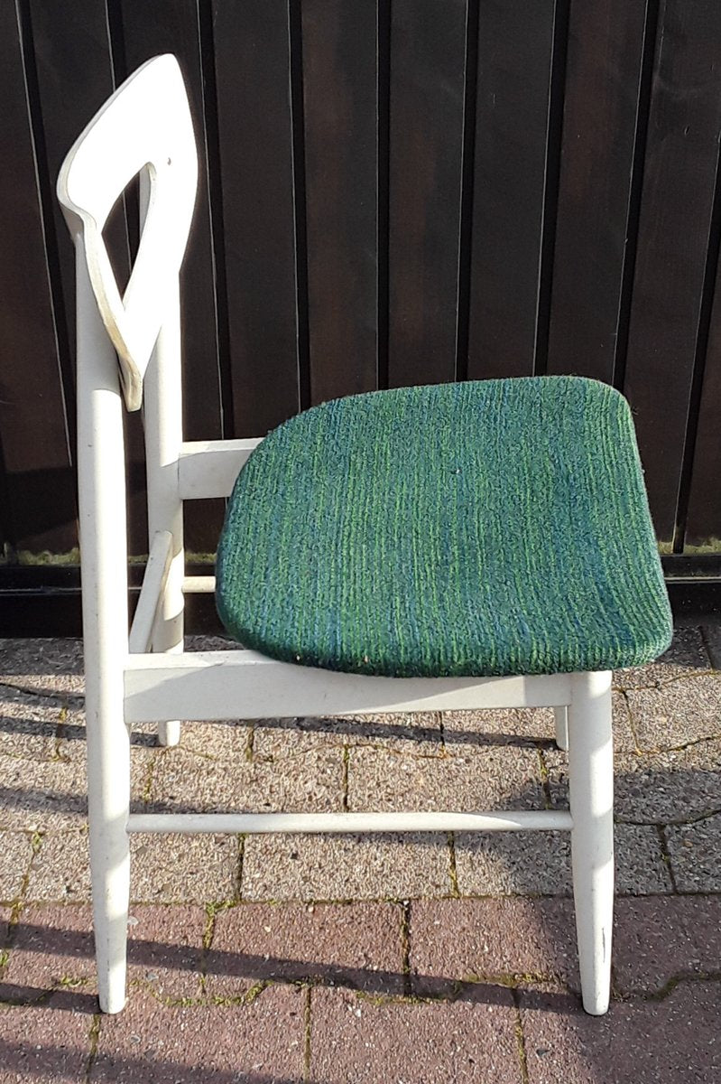 Vintage White Lacquered Wood & Green Wool Dining Chairs, 1970s, Set of 6