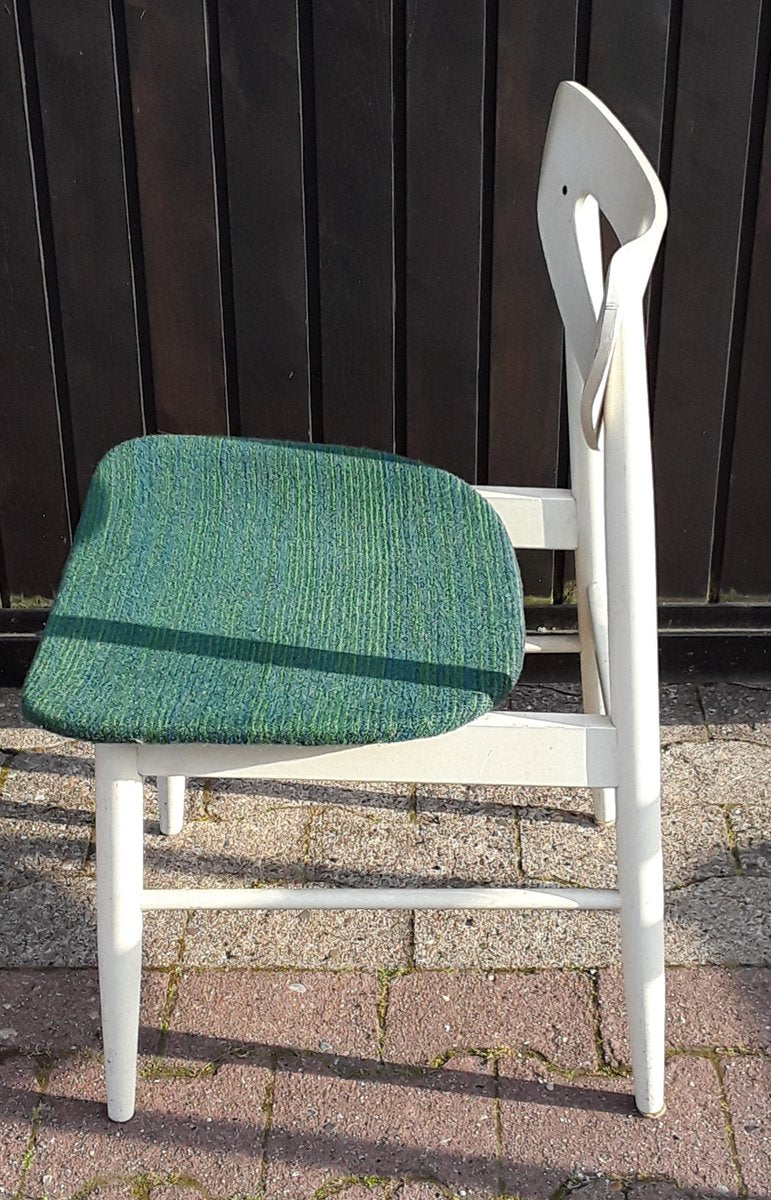 Vintage White Lacquered Wood & Green Wool Dining Chairs, 1970s, Set of 6