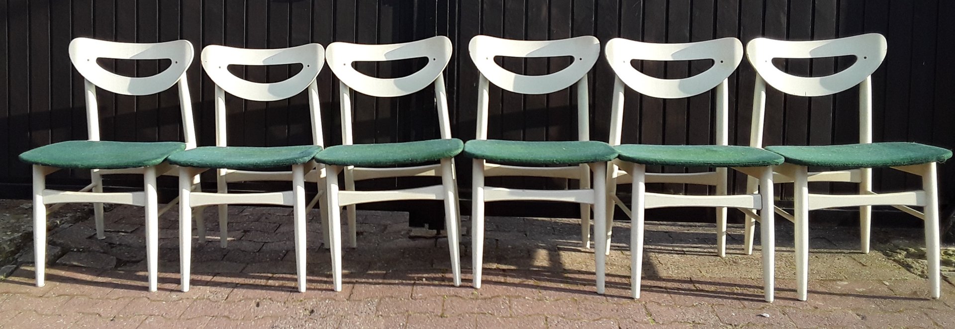 Vintage White Lacquered Wood & Green Wool Dining Chairs, 1970s, Set of 6